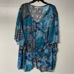 Fashion Bug Shirt Women 26 Blue Purple Sheer Paisley Boho Button Front Bohemian